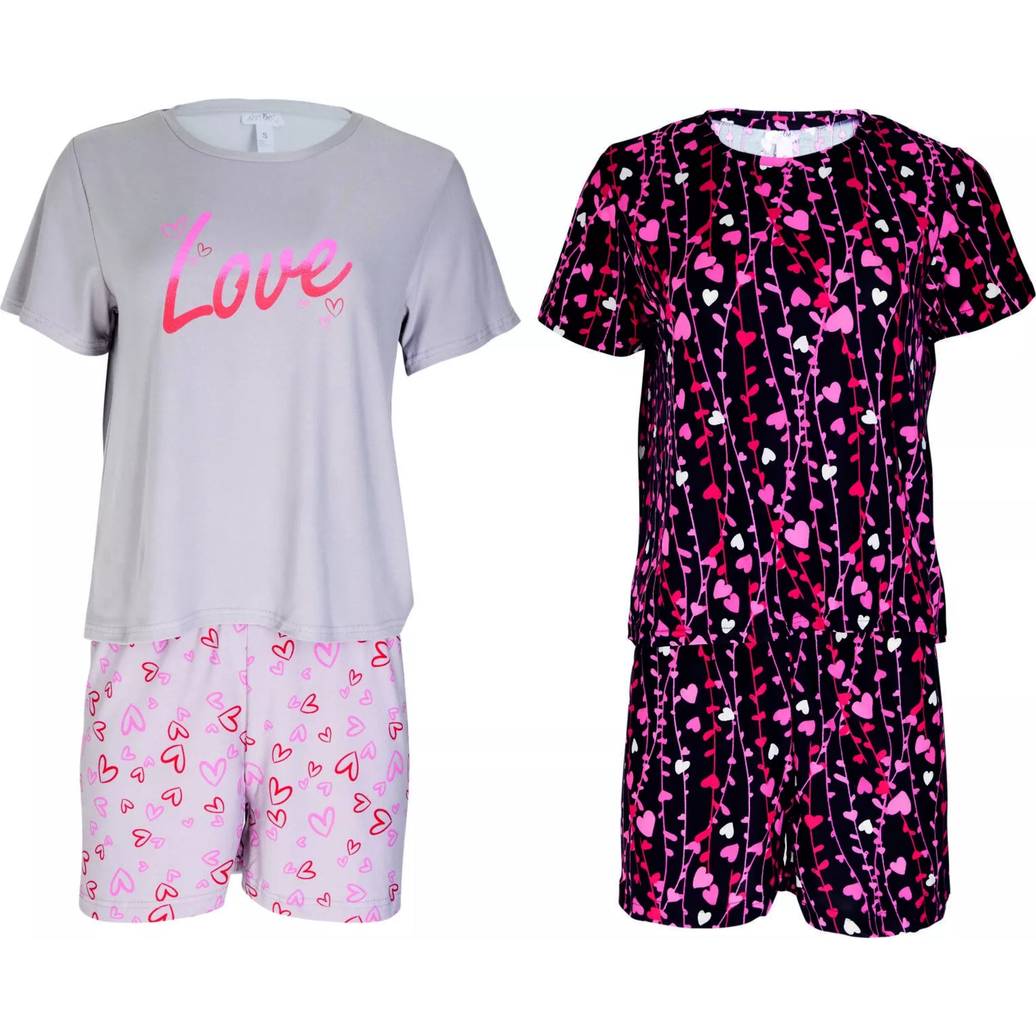 Ladies short sleeve heart print pyjamas β love-themed womenβs nightwear sets with shorts, available in grey and black pink heart designs